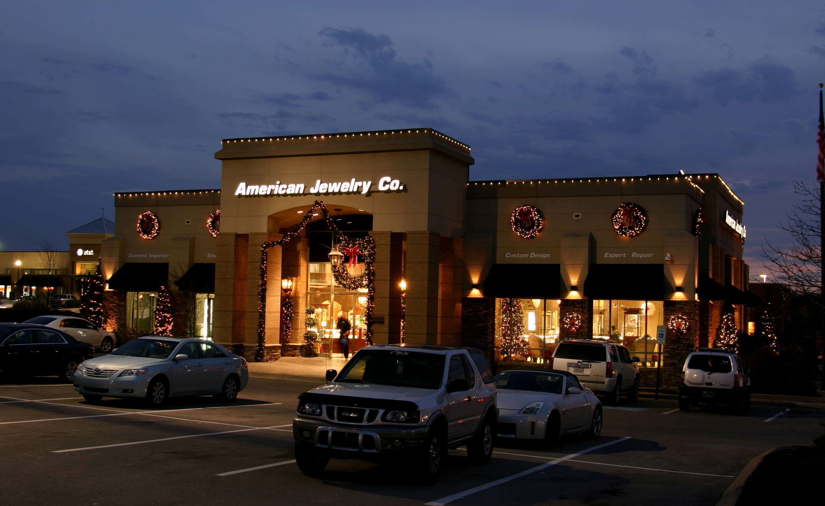 American Jewelry Co. Building with Christmas lights